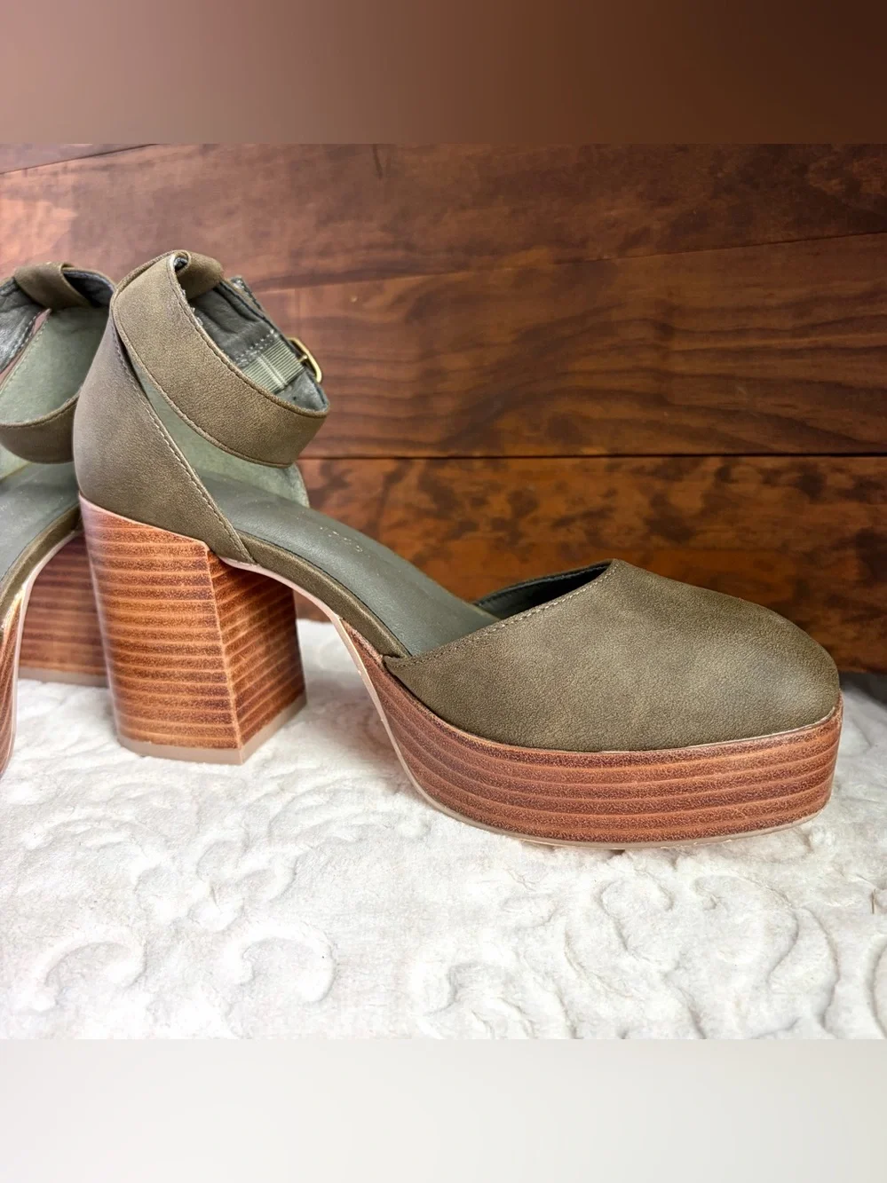 HOUSE OF HARLOW 1960 Sz 8.5M Green Platform Block Heel Earthy Boho Chic - Picture 8 of 16